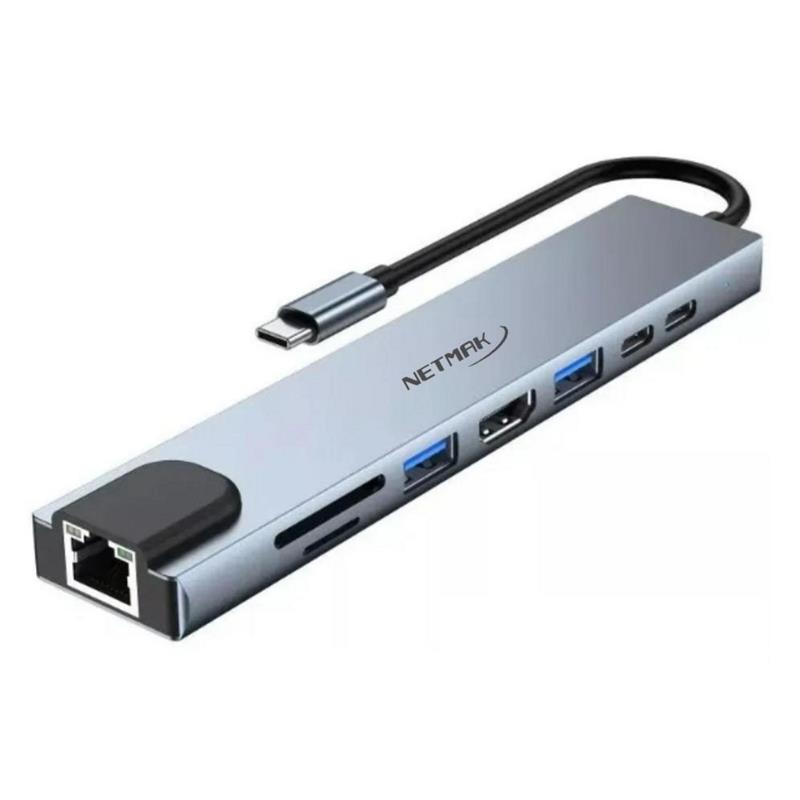NETMAK HUB 8 EN 1 USB TIPO C NM-8EN1 (2xTIPO C/HDMI/MICROSD/SD/2xUSB/RJ45)