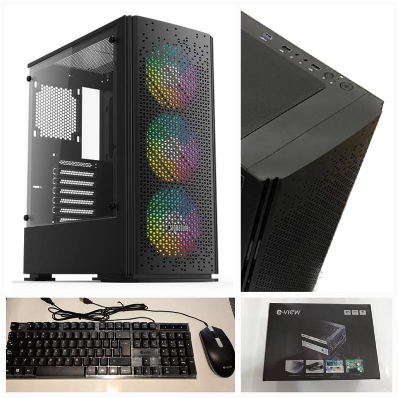 GABINETE GAMING E-VIEW KIT-K2 RGB ATX-750W 80+ (TEC+MOU/4 COOLER/VIDRIO)
